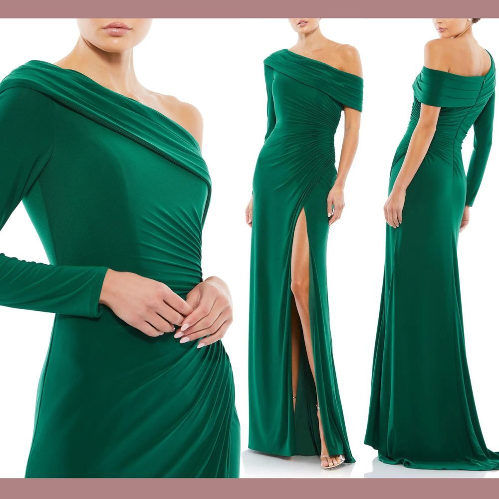 NWD IEENA Mac Duggal [ 4 ] Ruched Jersey‎ Drop Shoulder Foldover Gown Green Q902
